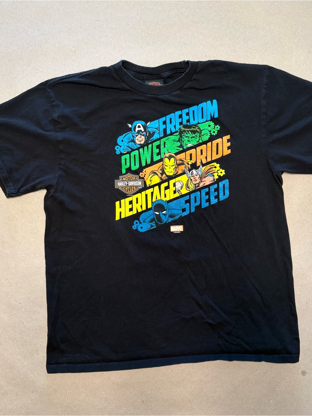 Harley-Davidson Black Tee with Colorful Marvel Character Stripes